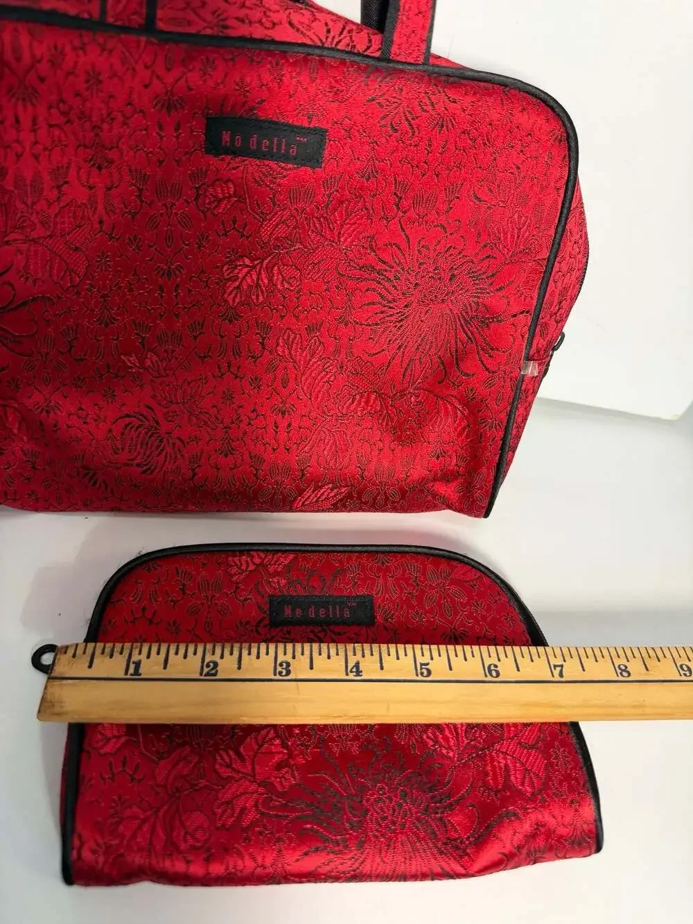Modella Red Floral Brocade Cosmetic Makeup Bag Set